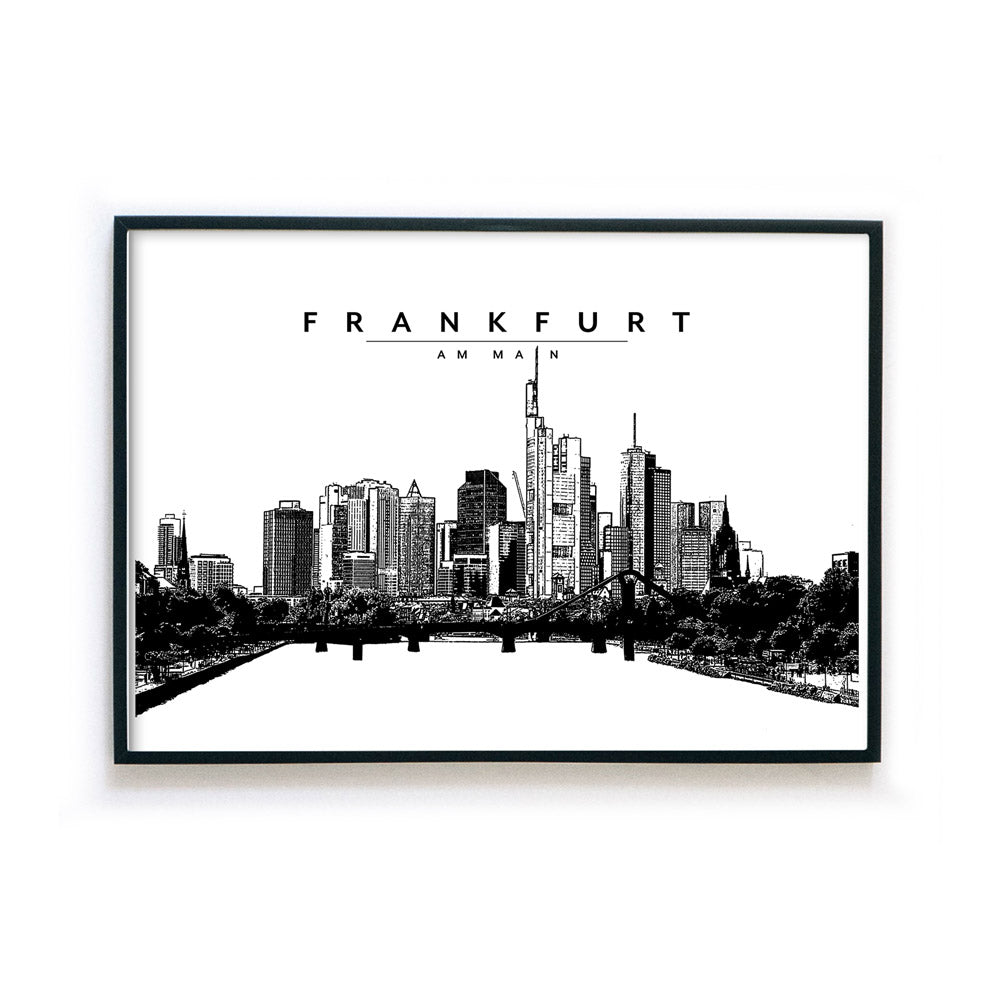 Schwarz Weiß Illustration der Frankfurter Skyline. Poster gerahmt im schwarzen Bilderrahmen