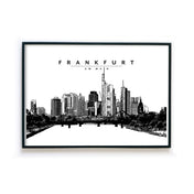 Schwarz Weiß Illustration der Frankfurter Skyline. Poster gerahmt im schwarzen Bilderrahmen