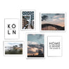 Vier Köln Motive vom Kölner Dom, Kranhäusern am Rhein und der Hohenzollernbrücke kombiniert mit zwei Typografie Bildern.