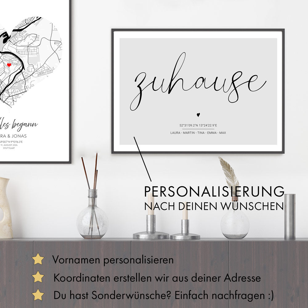 Zuhause in Grau - Personalisiertes Koordinaten Bild