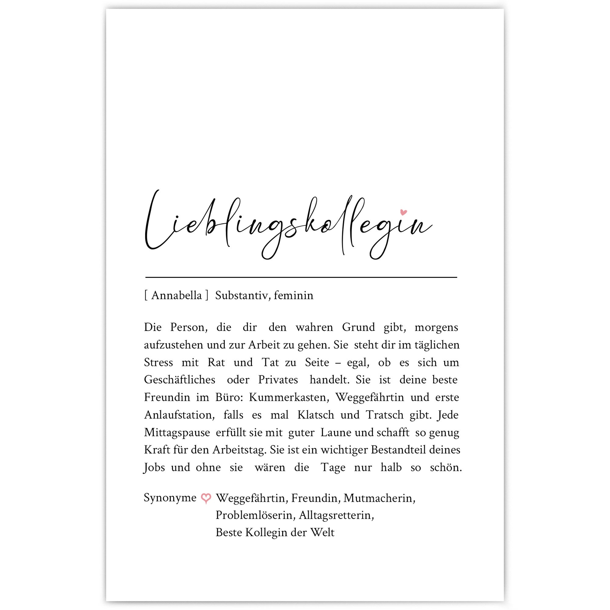 Lieblingskollegin Definition Poster mit personalisierten Namen und Synonymen. Liebevoller Text was eine Lieblingskollegin ausmacht.