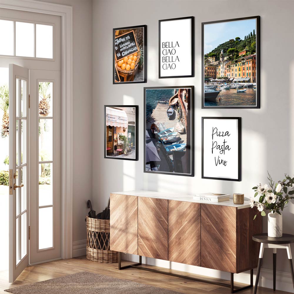 fertige bilderwand natur poster aus italien - 6er Poster Set - Wandbilder Fotografien und Sprüche im Wohnzimmer in schwarzen Bilderrahmen