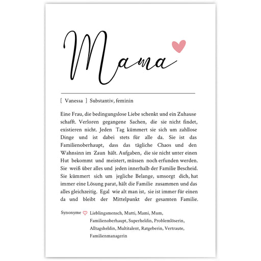 Mama Definition Poster mit personalisierten Namen und Synonymen. Liebevoller Text was eine Mama ausmacht.