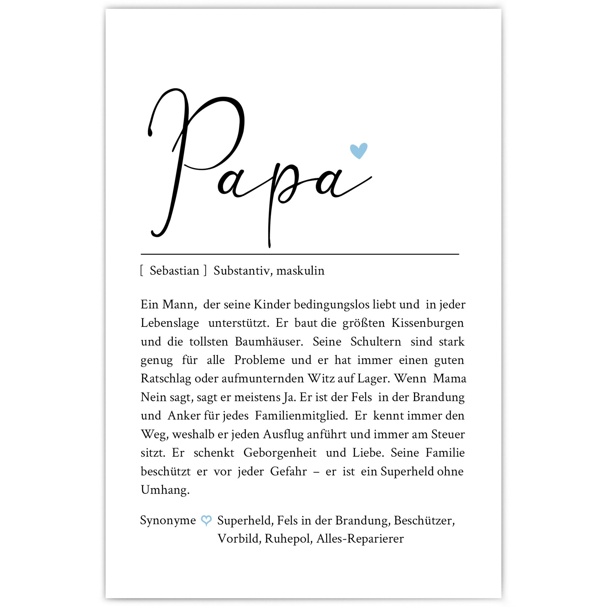 Papa Definition Poster mit personalisierten Namen und Synonymen. Liebevoller Text was einen Papa ausmacht.