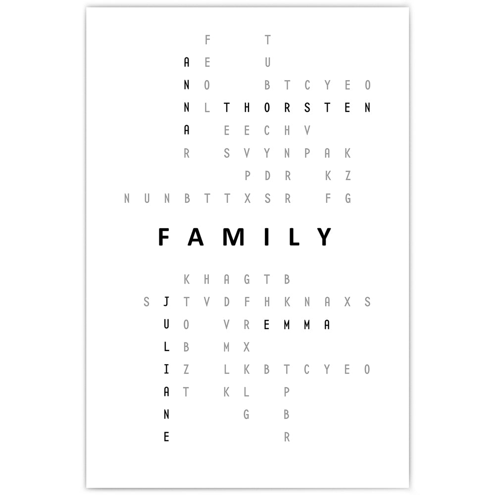 Personalisierbares Poster. Vornamen sind im Kreuzworträtsel Design eingefügt, in der Mitte steht Family.