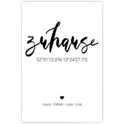 Zuhause Poster mit personalisierten Koordinaten und Namen.