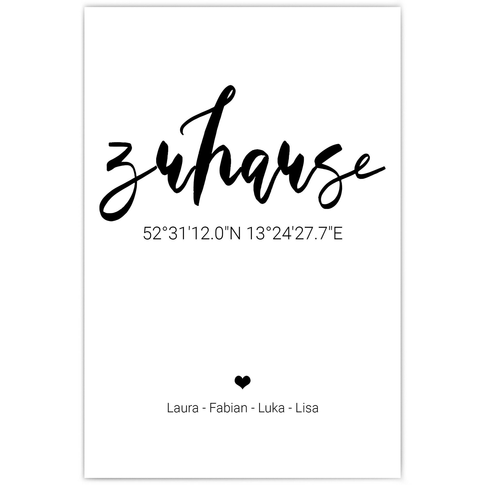 Zuhause Poster mit personalisierten Koordinaten und Namen.