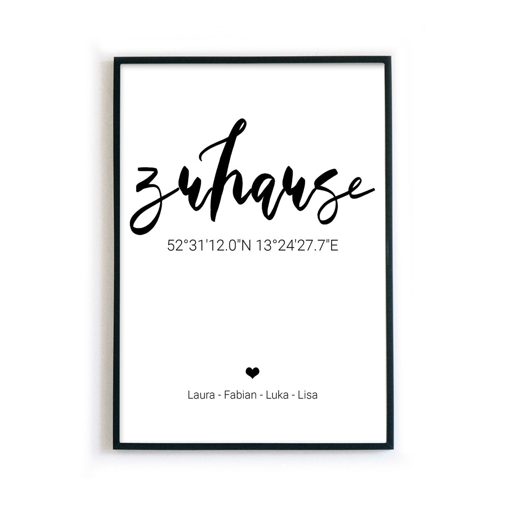 Zuhause Poster mit personalisierten Koordinaten und Namen. Bild im schwarzen Bilderrahmen.