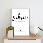 Zuhause Poster mit personalisierten Koordinaten und Namen. Im beigen Holzrahmen abgestellt auf einer Kommode.