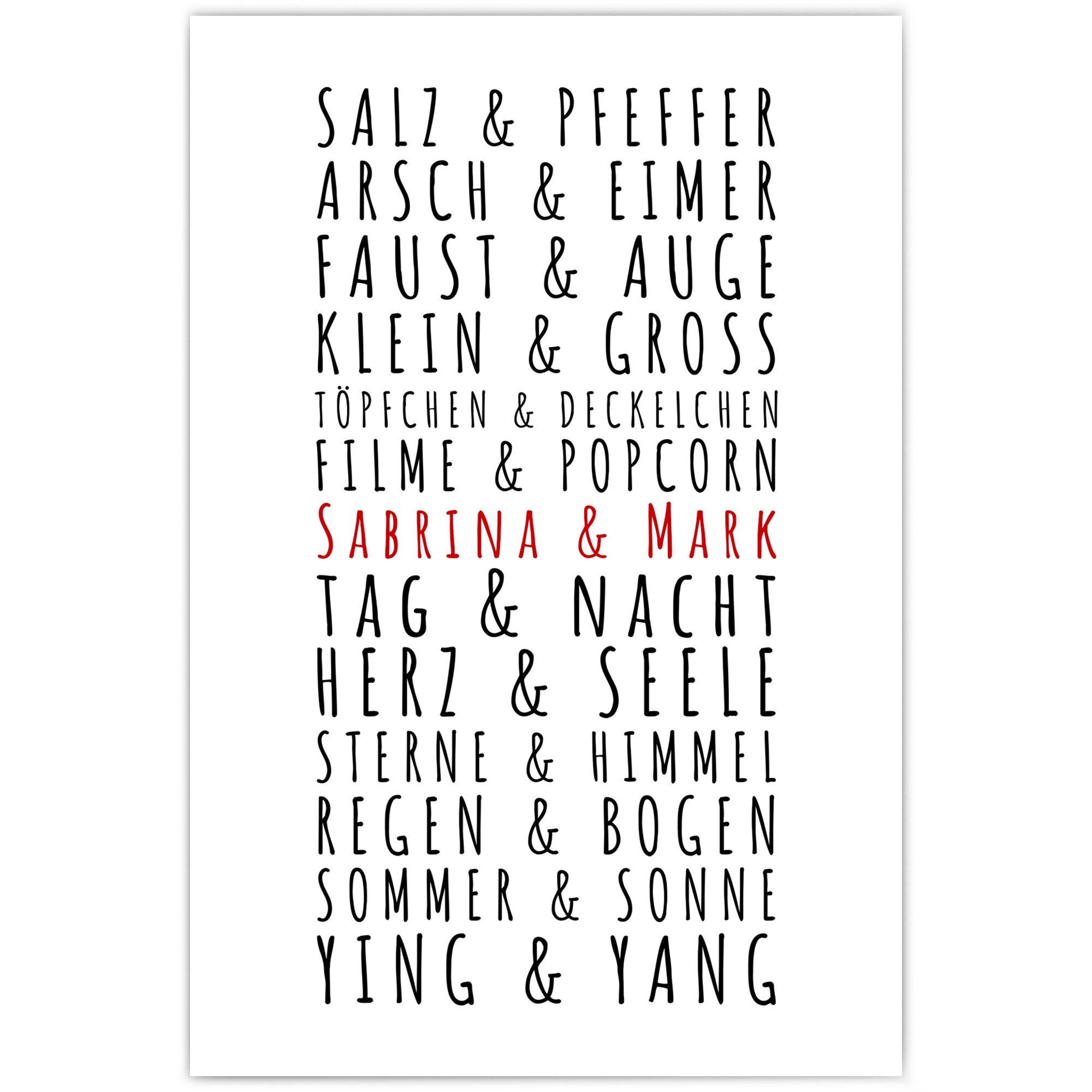 Personalisiertes Poster für paare. Passende Pärchen begriffe und in der Mitte in Rot individuelle Vornamen.