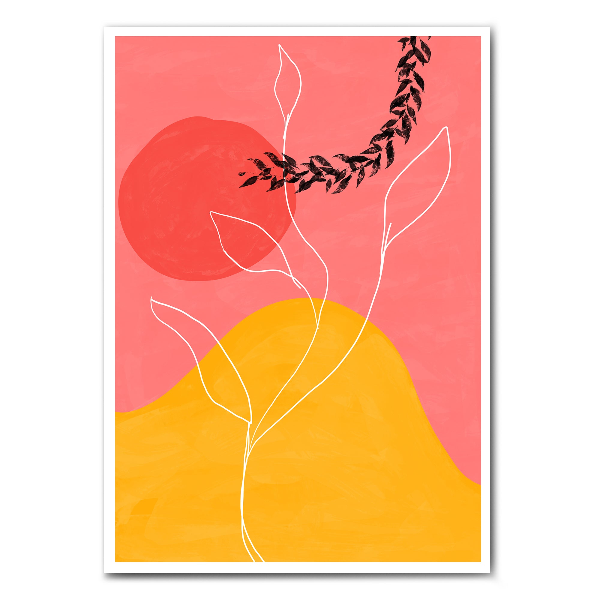 Illustration als Poster im Hochformat. Linien Art einer Pflanze, der Hintergrund ist Gelb und Rosa.