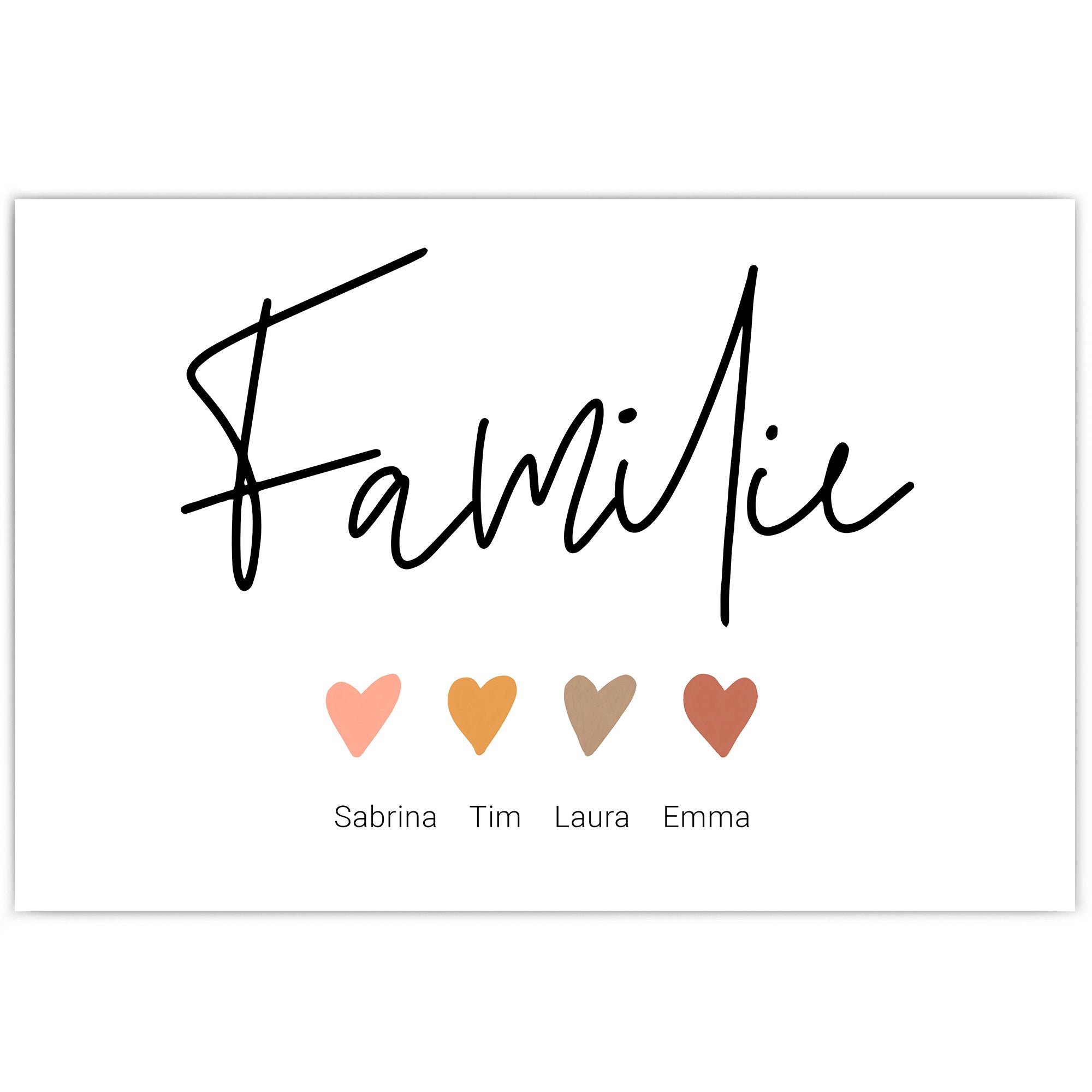 Personalisiertes Familie Poster im Querformat. Familie mit Herzen und individuellen Namen darunter.