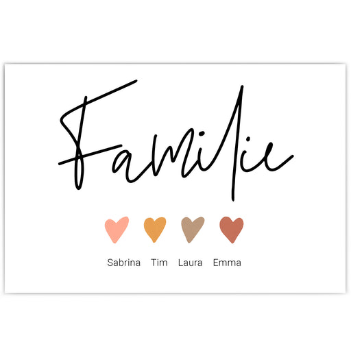 Personalisiertes Familie Poster im Querformat. Familie mit Herzen und individuellen Namen darunter.