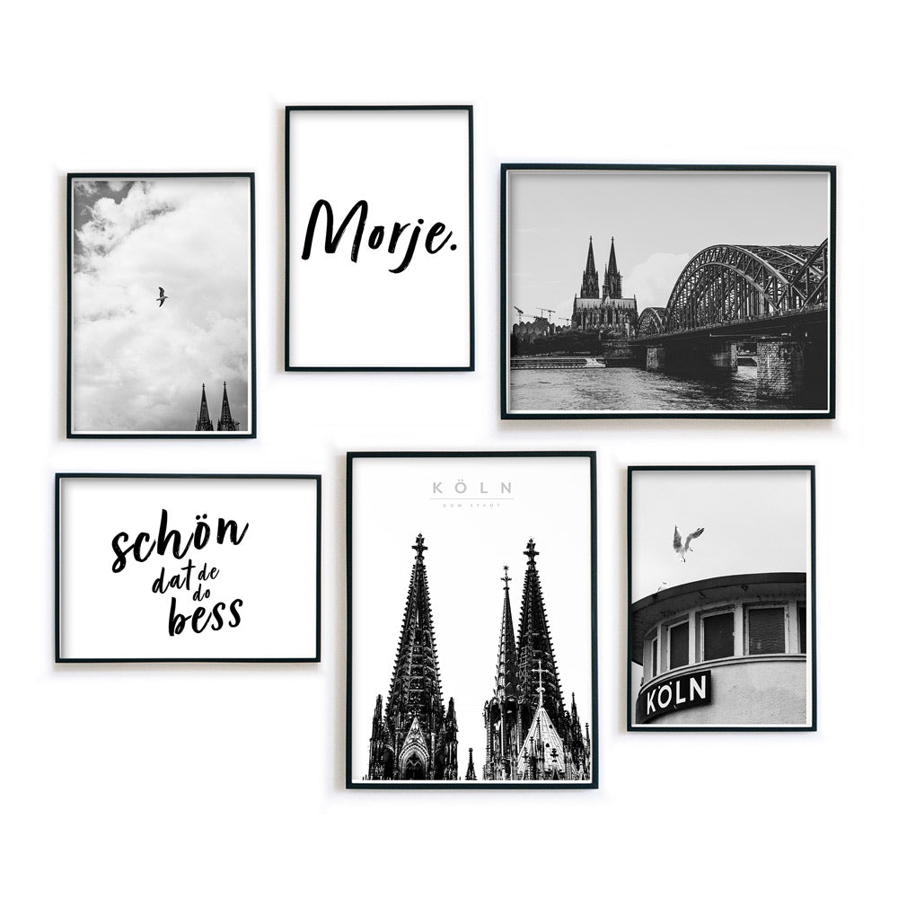 6er Köln Poster Set in schwarz weiß fertig gerahmt. Köln Fotografien vom Kölner Dom kombiniert mit morje und schöt dat de do bess sprüchen.