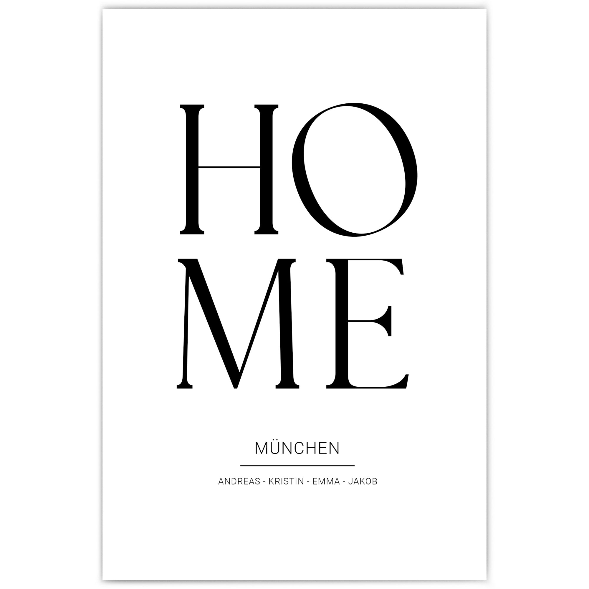 Personalisiertes Poster. HOME mit darunter individuellen Namen und Ort.