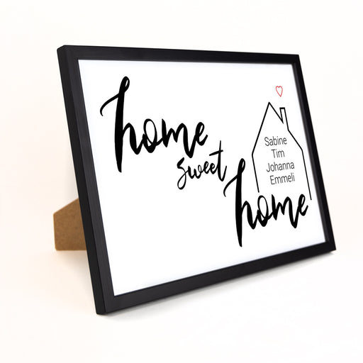 home sweet home Poster mit personalisierten Namen im Haus. Bild im Querformat im schwarzen Din A4 Bilderrahmen.