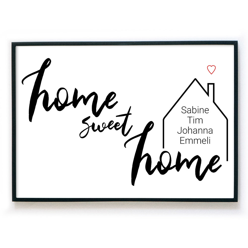 home sweet home Poster mit personalisierten Namen im Haus. Bild im Querformat im schwarzen Bilderrahmen.