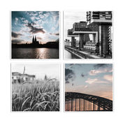 Vier quadratische Köln Poster im Querformat. Kölner Skyline zum Sonnenuntergang. Motive von Gräsern am Rhein, Hohenzollernbrücke, Kölner Dom und Kranhäuser. 