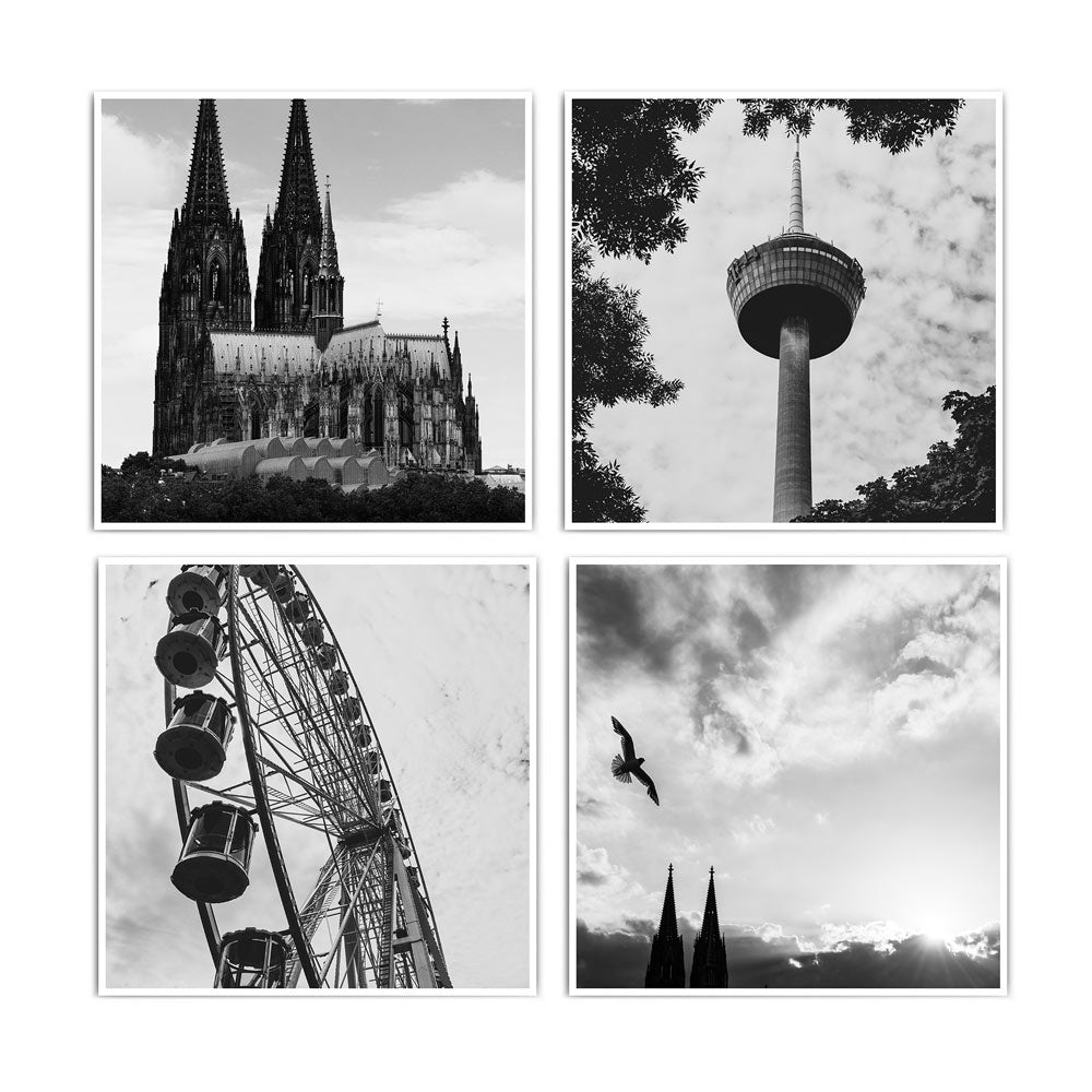 Vier quadratische Bilder mit Köln Motiven in schwarz weiß. Kölner Dom mit Cologne Schriftzug, Fernsehturm und Riesenrad.