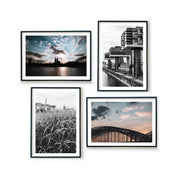 Vier Köln Poster im Querformat in Bilderrahmen. Kölner Skyline zum Sonnenuntergang. Motive von Gräsern am Rhein, Hohenzollernbrücke, Kölner Dom und Kranhäuser. 