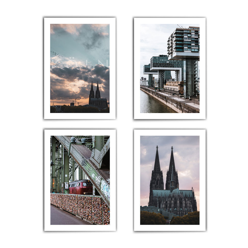 4er Köln Poster Set. Kölner Dom zum Sonnenuntergang, Kranhäuser und Hohenzollernbrücke.