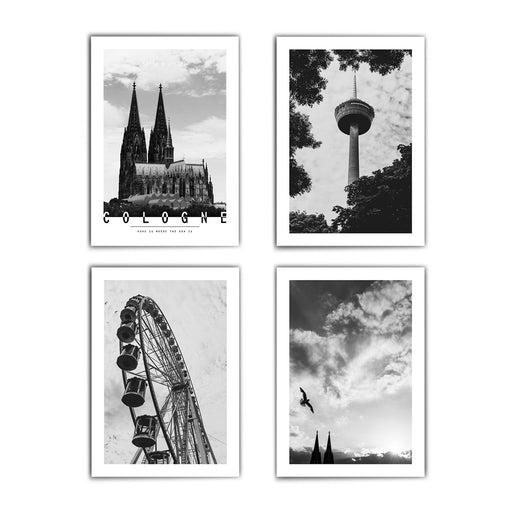 Vier Bilder mit Köln Motiven in schwarz weiß. Kölner Dom mit Cologne Schriftzug, Fernsehturm und Riesenrad.