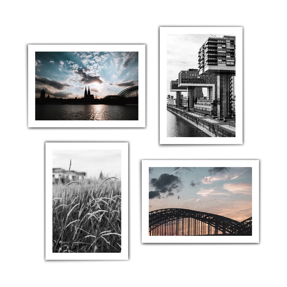 Vier Köln Poster im Querformat. Kölner Skyline zum Sonnenuntergang. Motive von Gräsern am Rhein, Hohenzollernbrücke, Kölner Dom und Kranhäuser. 