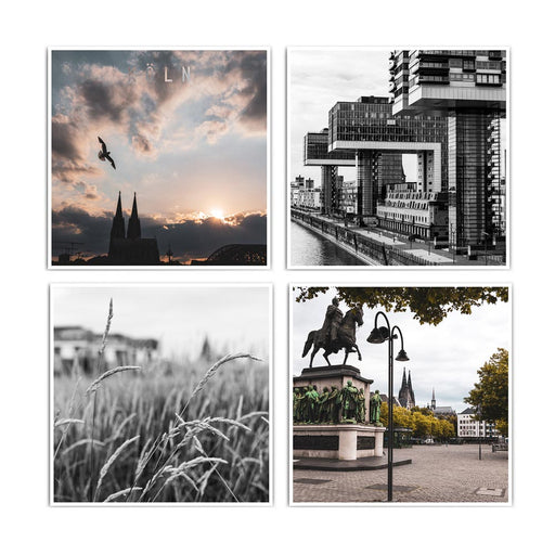 Vier quadratische Köln Poster, zwei in schwarz weiß, zwei in Farbe. Kölner Dom, Kranhäuser und Innenstadt von Köln Fotografien.
