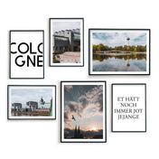 6 Poster mit Sprüchen und Köln Fotografien. Kölner Dom, Fernsehturm, Kranhäuser und Museum kombiniert mit Cologne und Jot jejange spruch. In Bilderrahmen
