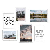 6 Poster mit Sprüchen und Köln Fotografien. Kölner Dom, Fernsehturm, Kranhäuser und Museum kombiniert mit Cologne und Jot jejange spruch.