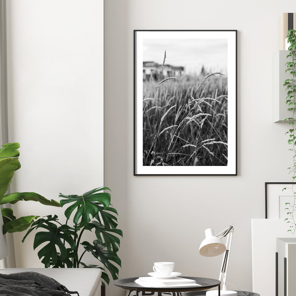 Schwarz Weiß Natur Poster. Gräser im Vordergrund und dahinter verschwommen die Kranhäuser und der Dom in Köln. Bild mit weißen Rand gerahmt im Wohnzimmer.