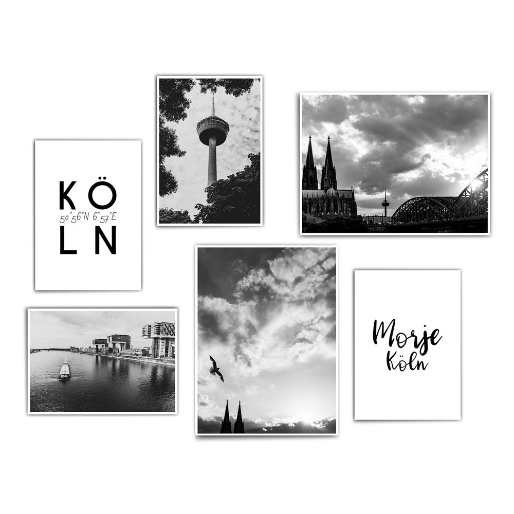 Vier Köln Fotografien in schwarz weiß mit zwei Köln Typografie Bildern. Kölner Dom, Fernsehturm, Hohenzollernbrücke und Rheinufer.