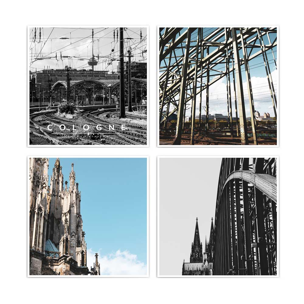 Quadratisches 4er Köln Bilder Set vom Kölner Dom, der Hohenzollernbrücke, Fernsehturm und Hauptbahnhof. Zwei in Farbe, zwei schwarz weiß.