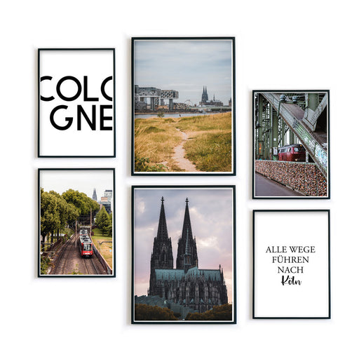 6 Köln Poster vom Kölner Dom, Straßenbahnen, der Hohenzollernbrücke kombiniert mit Cologne und Alle Wege führen nach Köln Spruch. In Bilderahmen