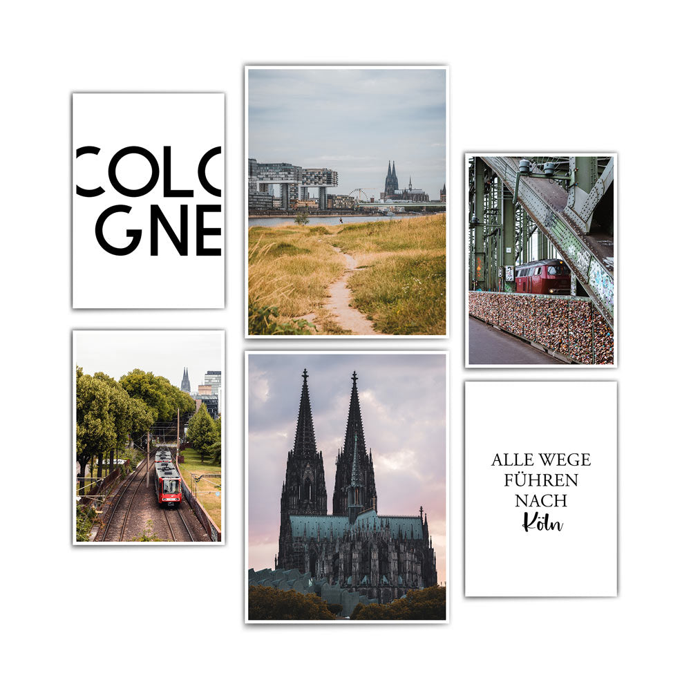 6 Köln Poster vom Kölner Dom, Straßenbahnen, der Hohenzollernbrücke kombiniert mit Cologne und Alle Wege führen nach Köln Spruch.