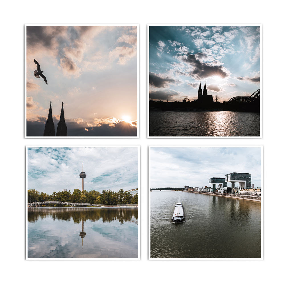 Vier quadratische Köln Poster im Querformat. Kölner Skyline zum Sonnenuntergang. Motive vom Rhein, Fernsehturm, Kölner Dom und Kranhäuser. 