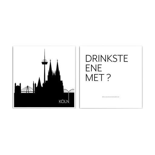 Quadratisches 2er Poster Set. Illustration der Kölner Sehenswürdigkeiten als Umrisse in schwarz und der Spruch Drinkste Ene met.