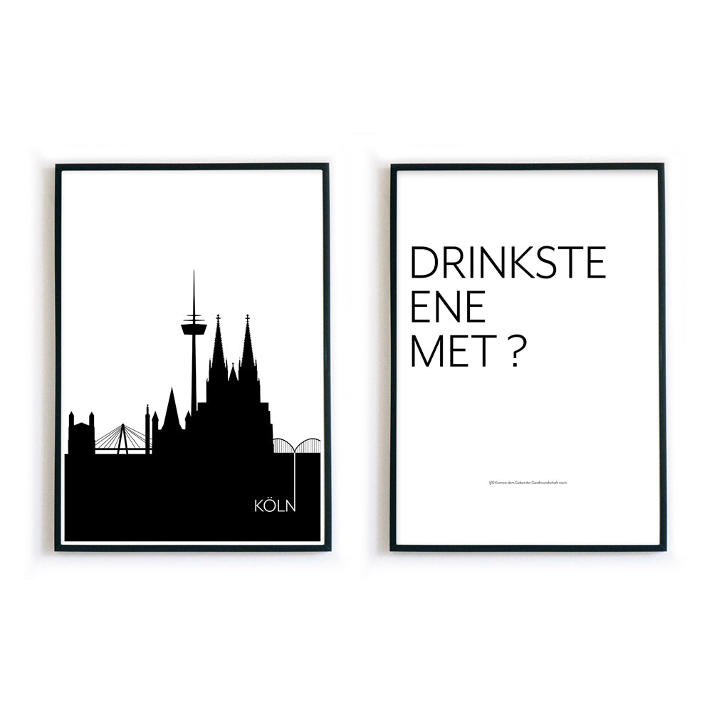 2er Poster Set in Bilderrahmen. Illustration der Kölner Sehenswürdigkeiten als Umrisse in schwarz und der Spruch Drinkste Ene met.
