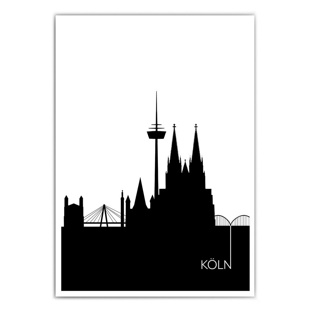 Köln Poster der Skyline Umrisse der Sehenswürdigkeiten. Illustriert in schwarz weiß.