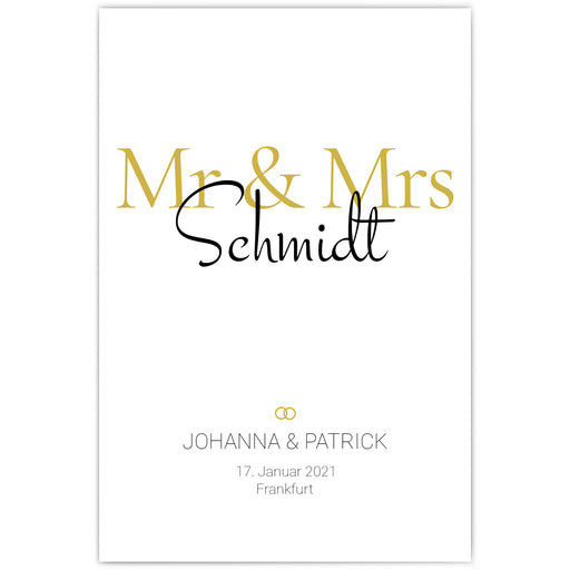 Mr & Mrs in Gold. Poster mit Personalisierten Nachnahmen, Vornamen, Ort und Datum.