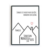 Personalisiertes Poster mit Namen im schwarzen Haus. Darüber der Spruch - Zuhause ist nicht nur ein Ort. sondern ein Gefühl. Im Rahmen.