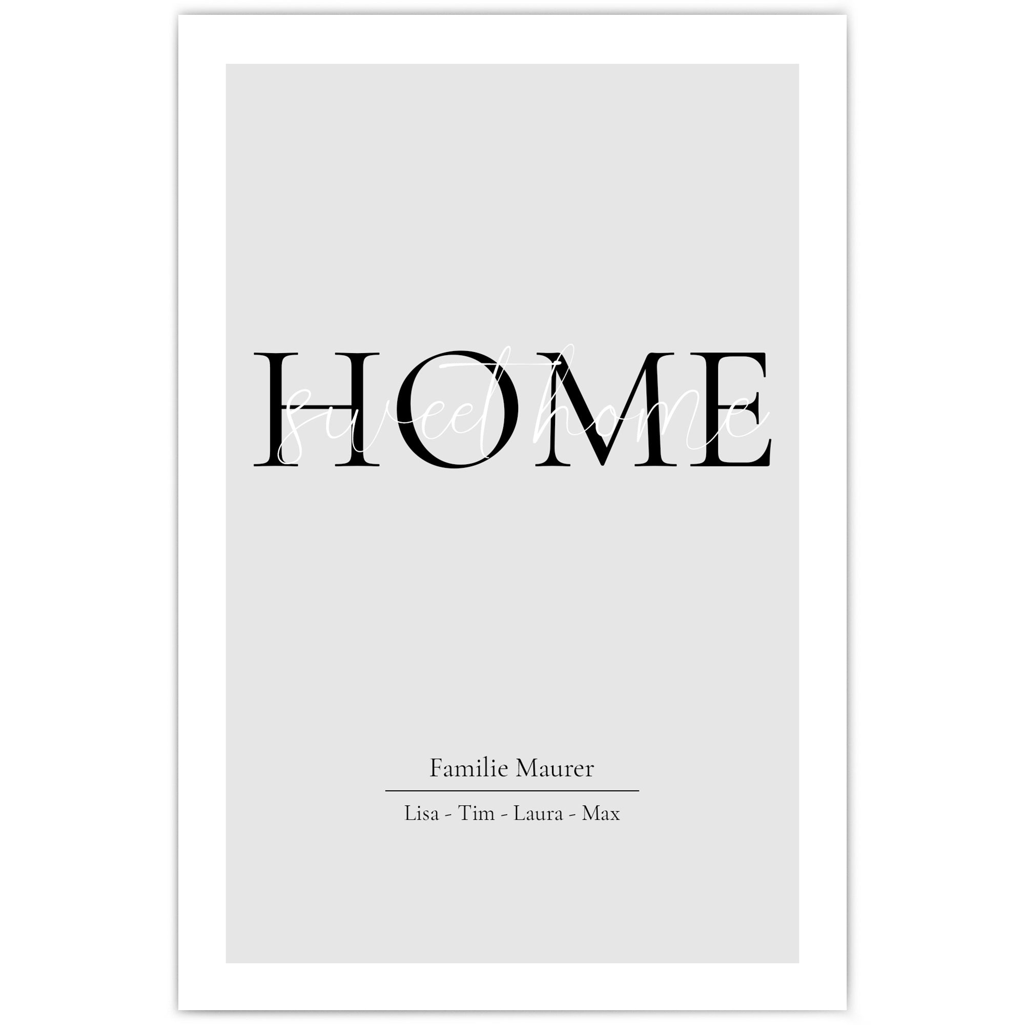 Home Sweet Home Poster in Grau mit personalisierten Vornamen und Familiennamen.