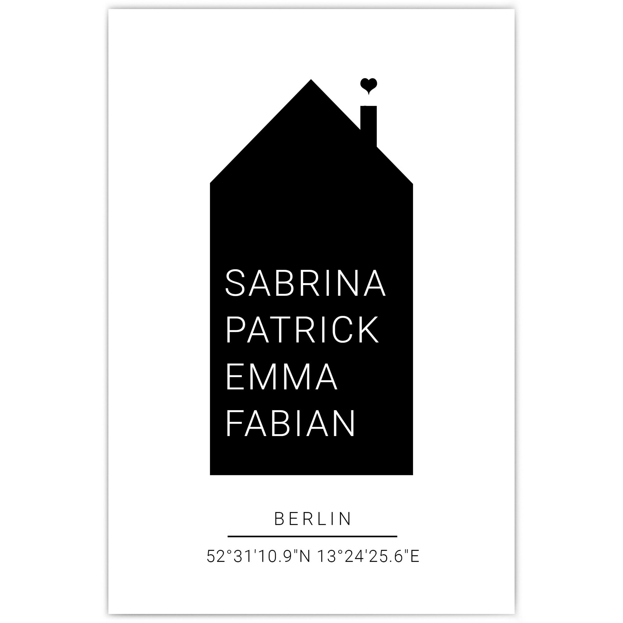 Schwarzen Haus als personalisierbares Poster mit Namen, Ort und Koordinaten