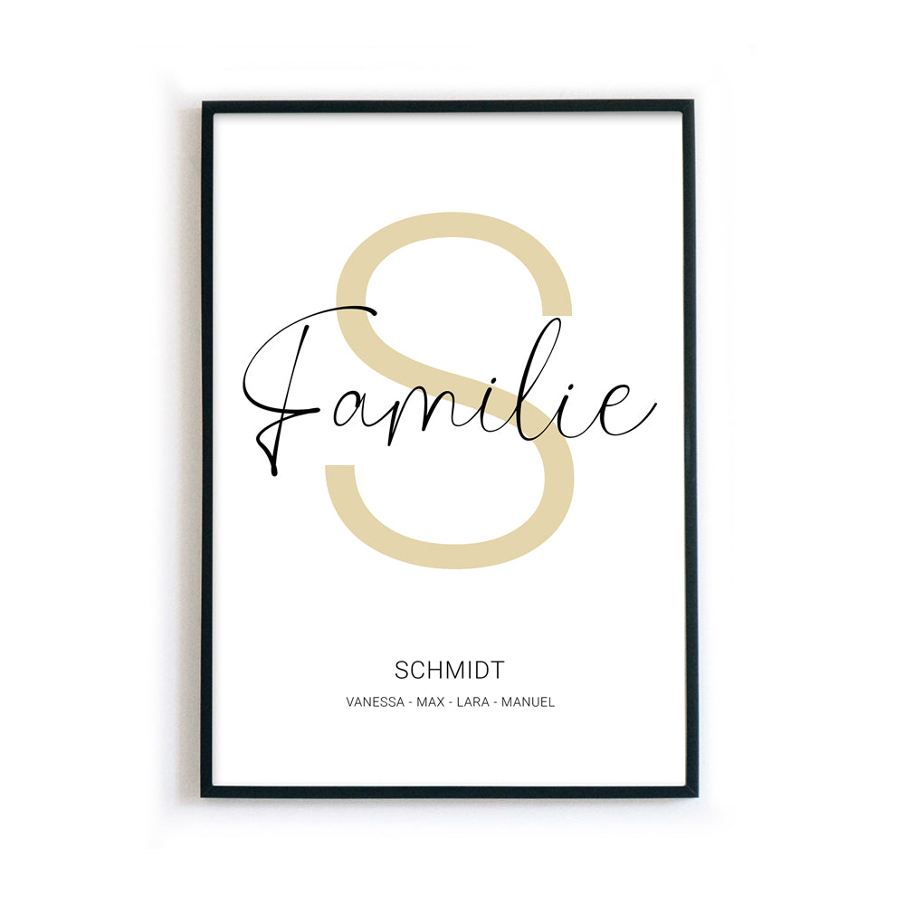 Personalisiertes Familienposter mit individuellen Namen, Familiennamen und dessen Anfangsbuchstabe in beige  im Hintergrund