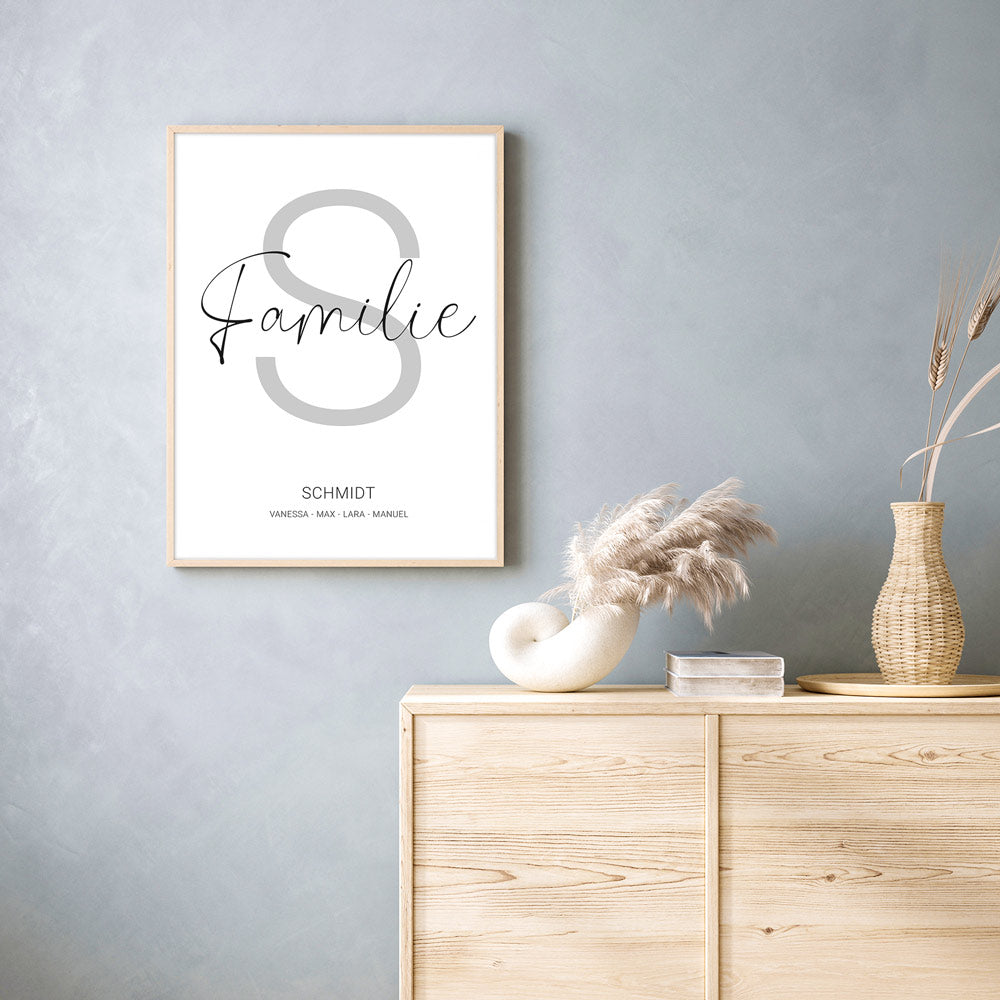 Personalisiertes Familienposter mit individuellen Namen, Familiennamen und dessen Anfangsbuchstabe in Grau im Hintergrund. Im hellen Rahmen an der Wand.