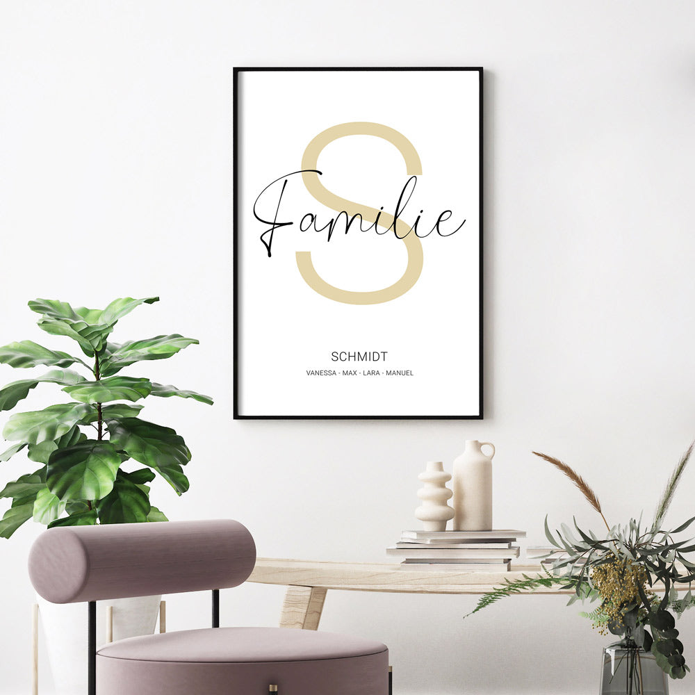 Personalisiertes Familienposter mit individuellen Namen, Familiennamen und dessen Anfangsbuchstabe in Beige im Hintergrund. Im Rahmen an der Wand.