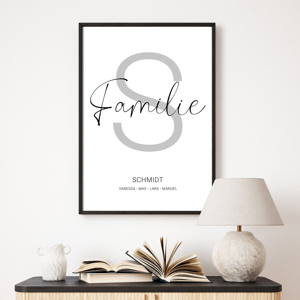 Personalisiertes Familienposter mit individuellen Namen, Familiennamen und dessen Anfangsbuchstabe in Grau im Hintergrund. Bild im schwarzen Bilderrahmen an der Wand.