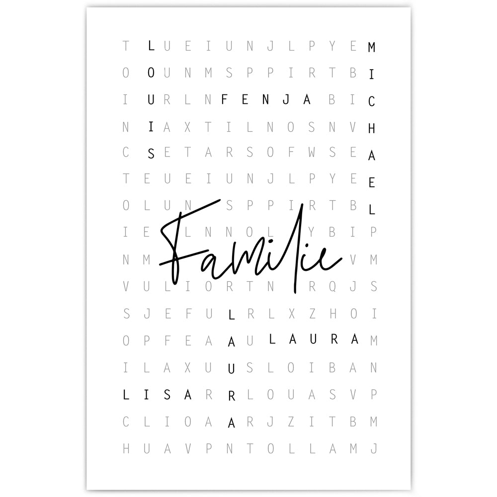 Personalisierbares Poster. Vornamen sind im Kreuzworträtsel Design eingefügt, in der Mitte steht Familie.