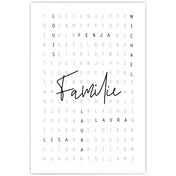 Personalisierbares Poster. Vornamen sind im Kreuzworträtsel Design eingefügt, in der Mitte steht Familie.